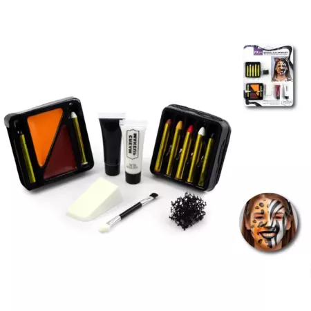 Tradineur - Set de maquillaje para carnaval, modelo Animales, incluye bandeja, 7 ceras, 2 tubos de crema, aplicador y 2 esponjas