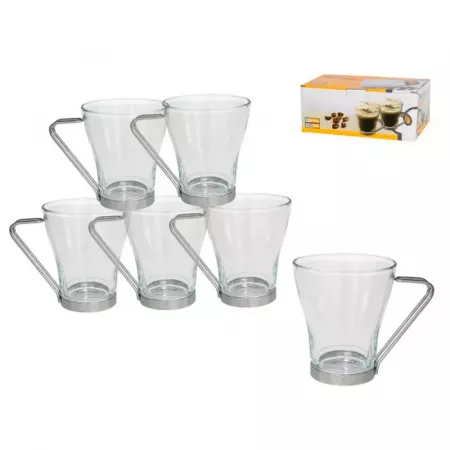 Pack 6 Tazas de Vidrio con Asa Metálica 230 ml - Café y Té Pack 6 Tazas de Vidrio con Asa Metálica 230 ml - Café y Té