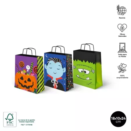 Pack 3 Bolsas de Papel Halloween Asas 18x10x24 cm