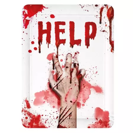Tradineur - Pack de 4 bandejas de cartón decoradas con manchas de sangre, Help, biodegradables y reciclables, fiestas, decoració