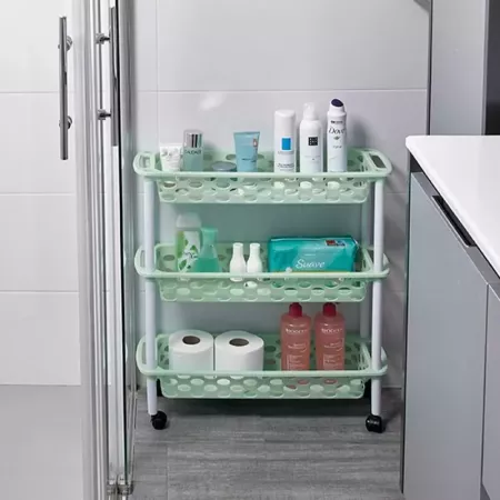 Tradineur - Carrito verdulero de plástico con 3 Niveles y Ruedas - PLFT Aire Slim - Cestas apilables portaobjetos - 61 x 58 x 18