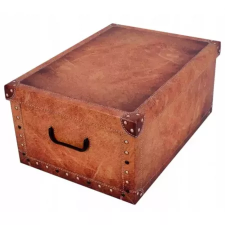 Caja plegable de cartón con asas, tapa y diseño cuero Caja plegable de cartón con asas, tapa y diseño cuero