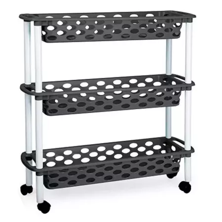 Tradineur - Carrito verdulero de plástico con 3 Niveles y Ruedas - PLFT Aire Slim - Cestas apilables portaobjetos - 61 x 58 x 18