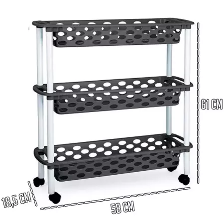 Tradineur - Carrito verdulero de plástico con 3 Niveles y Ruedas - PLFT Aire Slim - Cestas apilables portaobjetos - 61 x 58 x 18
