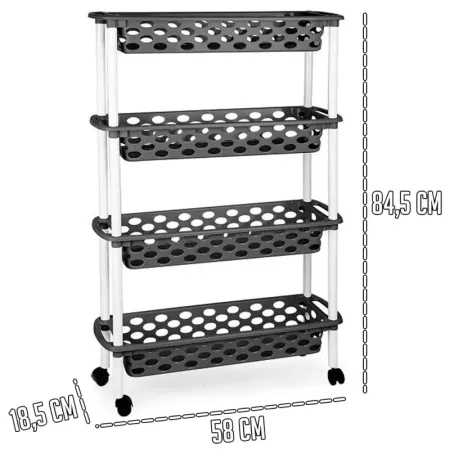 Tradineur - Carrito verdulero de plástico con 4 Niveles y Ruedas - PLFT Aire Slim - Cestas apilables portaobjetos - 84,5 x 58 x