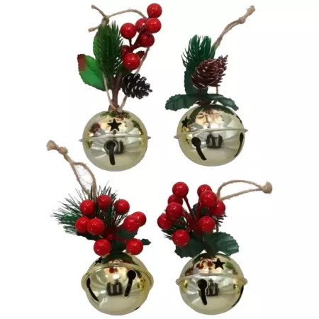Pack 4 Cascabeles Dorados Navideños con Piñas 6 cm
