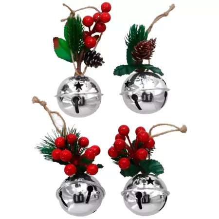 Pack 4 Cascabeles Navideños Plata Ø6cm con Piñas Decorativas