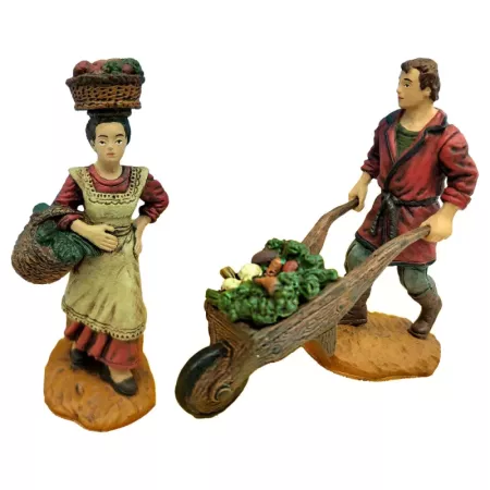 Set 2 Figuras Belén Carretillero y Mujer 10 cm Marmolina