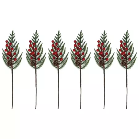 Pack 6 Picks Pino con Bayas Rojas Escarchadas 36 cm Navidad
