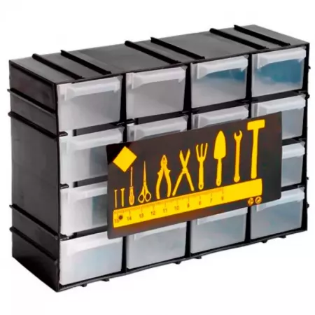 Organizador apilable 16 cajones plástico negro y transparente Organizador apilable 16 cajones plástico negro y transparente