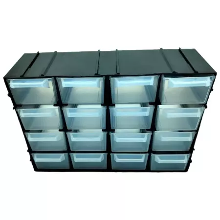 Organizador apilable 16 cajones plástico negro y transparente Organizador apilable 16 cajones plástico negro y transparente