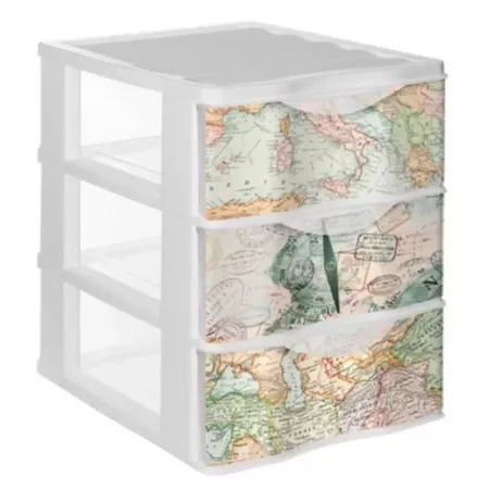 Tradineur - Cajonera de plástico, modelo Mapamundi, 3 cajones transparentes, torre almacenaje, juguetes, dormitorio infantil, ni