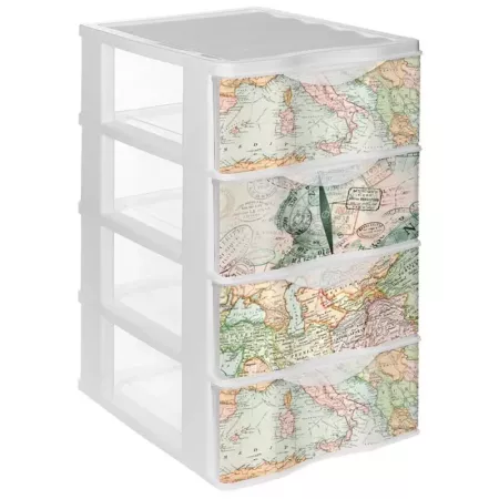 Tradineur - Cajonera de plástico, modelo Mapamundi, 4 cajones transparentes, torre almacenaje, juguetes, dormitorio infantil, ni Tradineur - Cajonera de plástico, modelo Mapamundi, 4 cajones transparentes, torre almacenaje, juguetes, dormitorio infantil, ni
