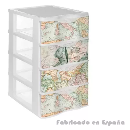 Tradineur - Cajonera de plástico, modelo Mapamundi, 4 cajones transparentes, torre almacenaje, juguetes, dormitorio infantil, ni Tradineur - Cajonera de plástico, modelo Mapamundi, 4 cajones transparentes, torre almacenaje, juguetes, dormitorio infantil, ni