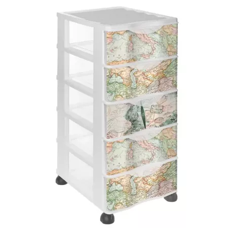 Tradineur - Cajonera de plástico con ruedas, modelo Mapamundi, 5 cajones transparentes, torre almacenaje, juguetes, dormitorio i Tradineur - Cajonera de plástico con ruedas, modelo Mapamundi, 5 cajones transparentes, torre almacenaje, juguetes, dormitorio i