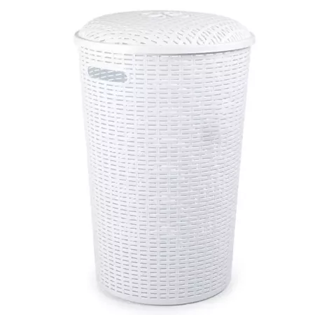 Tradineur - Cesto rattan redondo para ropa sucia con tapa y asas, pongotodo de plástico, cubo para colada, imitación de mimbre,