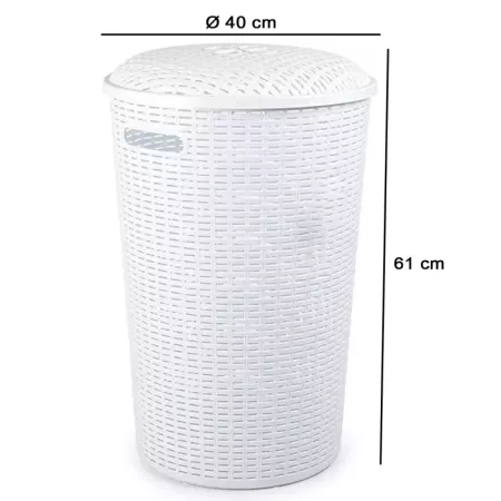 Tradineur - Cesto rattan redondo para ropa sucia con tapa y asas, pongotodo de plástico, cubo para colada, imitación de mimbre,
