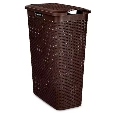 Tradineur - Cesto rattan estrecho para ropa sucia con tapa y asas, pongotodo de plástico, cubo para colada, imitación de mimbre,