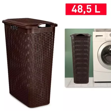 Tradineur - Cesto rattan estrecho para ropa sucia con tapa y asas, pongotodo de plástico, cubo para colada, imitación de mimbre,