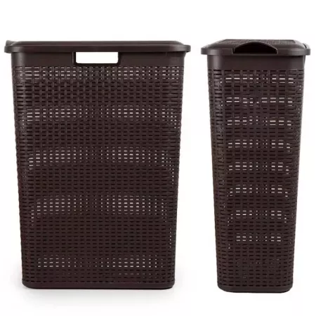 Tradineur - Cesto rattan estrecho para ropa sucia con tapa y asas, pongotodo de plástico, cubo para colada, imitación de mimbre,
