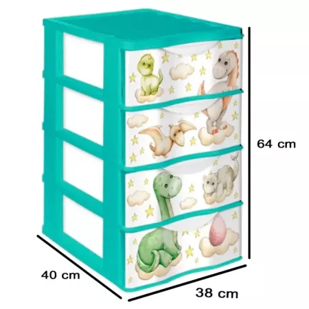 Tradineur - Cajonera de plástico, modelo Wagon Dinosaurios, 4 cajones, torre almacenaje, juguetes, dormitorio infantil, niños, f