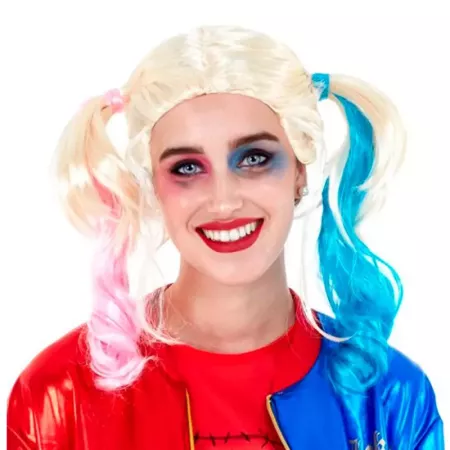 Tradineur - Peluca de Harley Quinn para mujer, fibra sintética, complemento para disfraz de villana, carnaval, Halloween, cospla