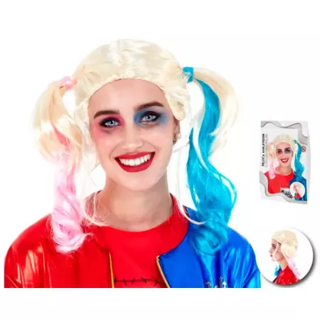 Tradineur - Peluca de Harley Quinn para mujer, fibra sintética, complemento para disfraz de villana, carnaval, Halloween, cospla