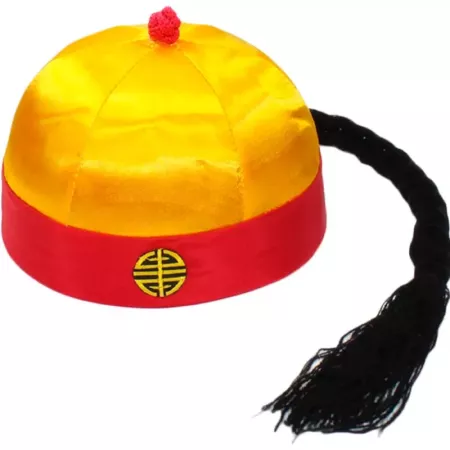 Tradineur - Gorro de chino con coleta - Fabricado en Poliéster - Ideal para disfraces de carnaval y Halloween - Color Amarillo y