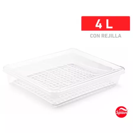 Tradineur - Bandeja frigorífica de almacenamiento con tapa y rejilla, plástico, reutilizable, descongelar alimentos, fabricado e