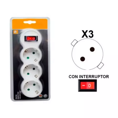 Ladrón Schuko 3 Tomas con Interruptor y Protección Infantil Blanca Ladrón Schuko 3 Tomas con Interruptor y Protección Infantil Blanca