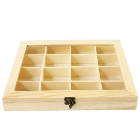 Caja de madera con tapa de cristal y 16 compartimentos Caja de madera con tapa de cristal y 16 compartimentos