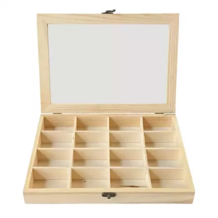 Caja de madera con tapa de cristal y 16 compartimentos Caja de madera con tapa de cristal y 16 compartimentos