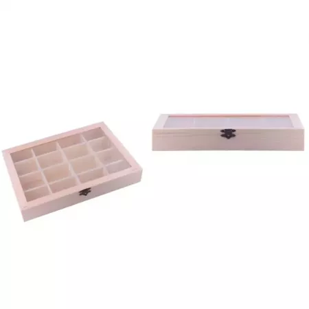 Caja de madera con tapa de cristal y 16 compartimentos Caja de madera con tapa de cristal y 16 compartimentos
