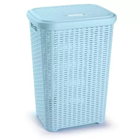Cesto Ropa Sucia 60L Azul con Asas y Tapa Imitación Mimbre