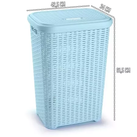 Cesto Ropa Sucia 60L Azul con Asas y Tapa Imitación Mimbre