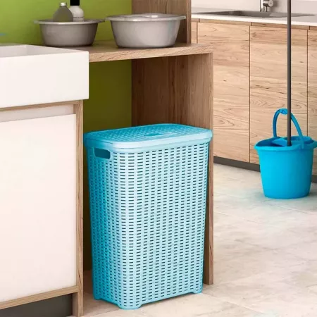 Cesto Ropa Sucia 60L Azul con Asas y Tapa Imitación Mimbre