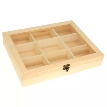 Caja de Madera con Tapa de Cristal para Joyas 9 Compartimentos Caja de Madera con Tapa de Cristal para Joyas 9 Compartimentos