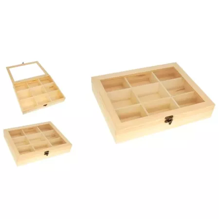 Caja de Madera con Tapa de Cristal para Joyas 9 Compartimentos Caja de Madera con Tapa de Cristal para Joyas 9 Compartimentos