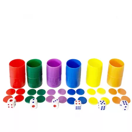 Pack 6 Cubiletes Coloridos con 24 Fichas y Dados + Estuche Pack 6 Cubiletes Coloridos con 24 Fichas y Dados + Estuche