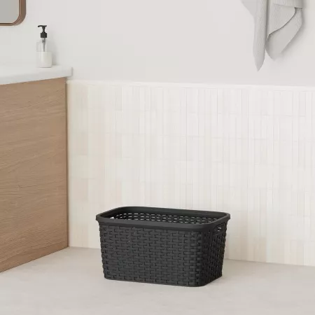 Cesta Colada Rectangular de plástico - Fabricado en España - Capacidad de 35 litros - Estilo Mimbre - 53,5 x 36 x 26,5 cm - Color Antracita