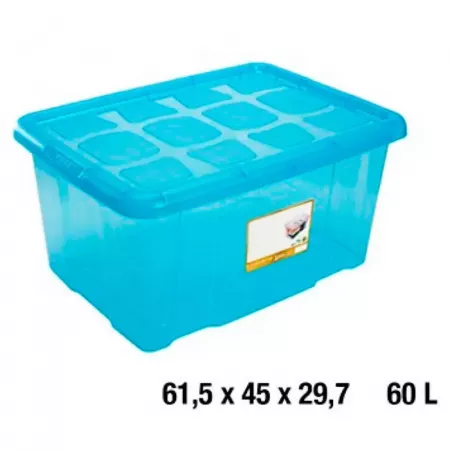 Caja de Almacenaje 60L Azul Transparente con Tapa y Asas Caja de Almacenaje 60L Azul Transparente con Tapa y Asas