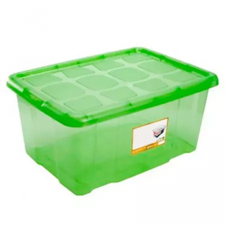 Caja de almacenaje 60L verde transparente con tapa y clips Caja de almacenaje 60L verde transparente con tapa y clips