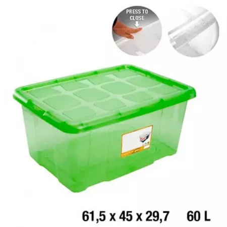 Caja de almacenaje 60L verde transparente con tapa y clips Caja de almacenaje 60L verde transparente con tapa y clips
