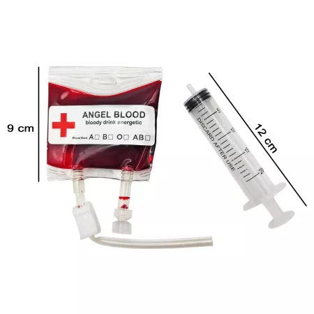 Bolsa de sangre falsa 75 ml y jeringuilla Halloween para Disfraces Bolsa de sangre falsa 75 ml y jeringuilla Halloween para Disfraces