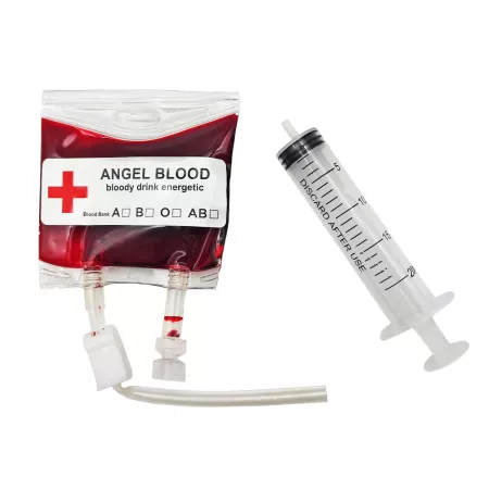 Bolsa de sangre falsa 75 ml y jeringuilla Halloween para Disfraces