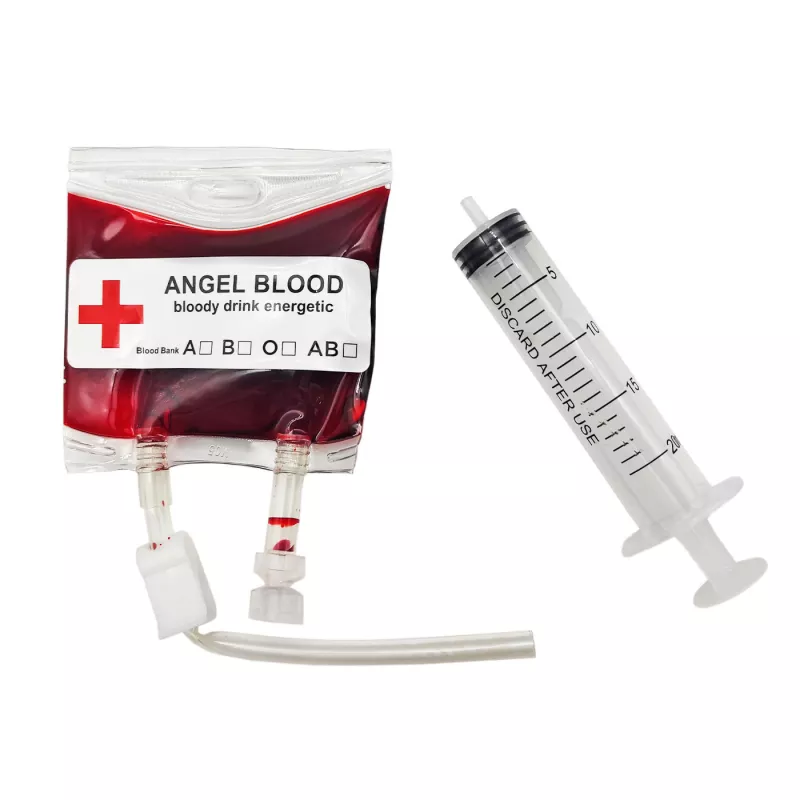 Bolsa de sangre falsa 75 ml y jeringuilla Halloween para Disfraces Bolsa de sangre falsa 75 ml y jeringuilla Halloween para Disfraces