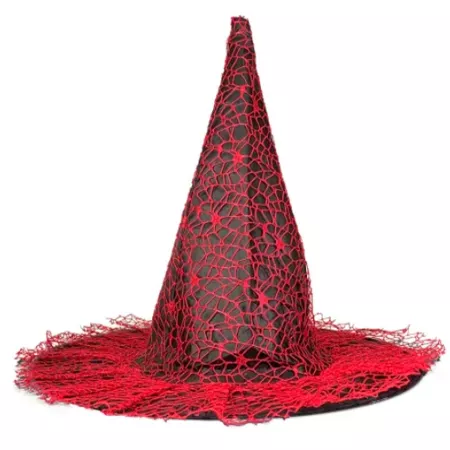 Gorro de Bruja Halloween Negro con Telaraña Roja - 38,5 cm