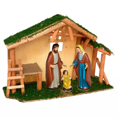 Cueva de Madera y Musgo para Belén, Pintada a Mano, 45 x 13,5 x 30 cm