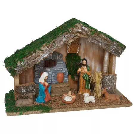 Portal de Belén con 6 Figuras para Nacimiento, Pintada a Mano, 30 x 10 x 20 cm