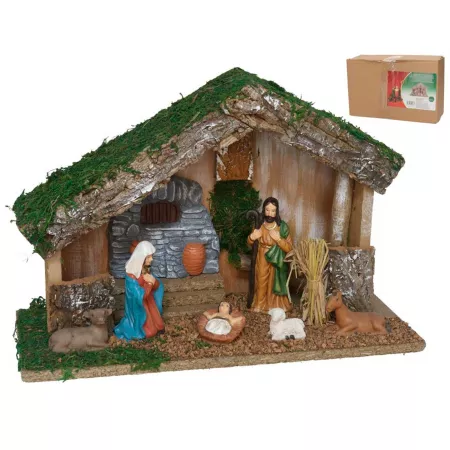 Portal de Belén con 6 Figuras para Nacimiento, Pintada a Mano, 30 x 10 x 20 cm